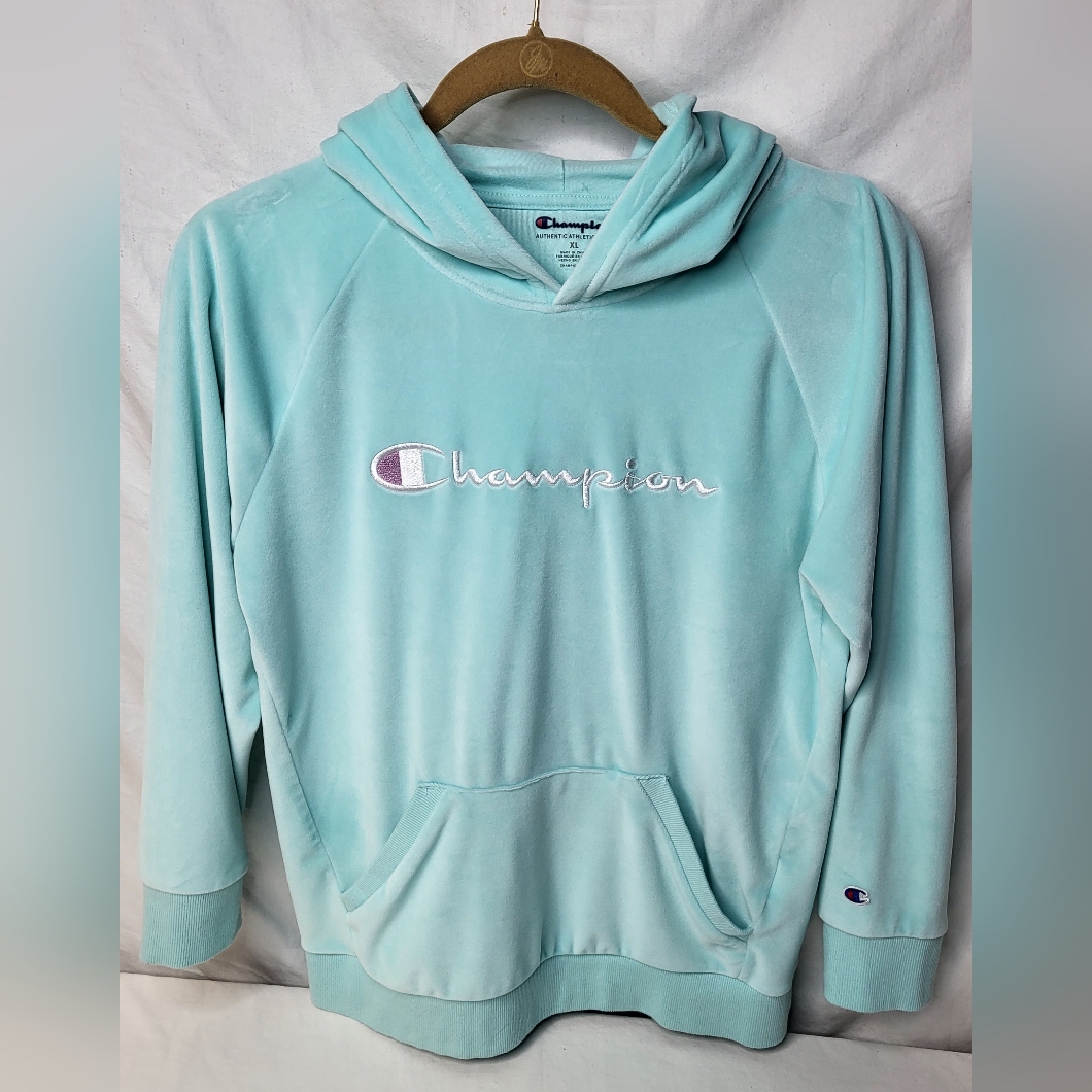 Champion Girl Youth Embroidered Logo Velour Hoodie Size Xl Minty Blue